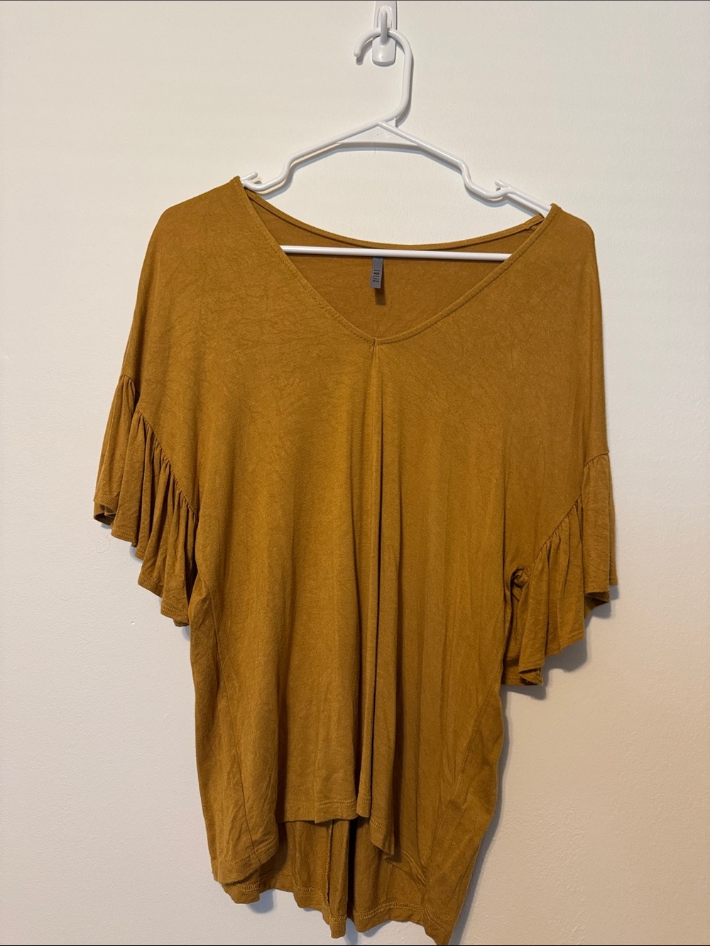 Mustard Color Ruffle Sleeve V-Neck Top - Women